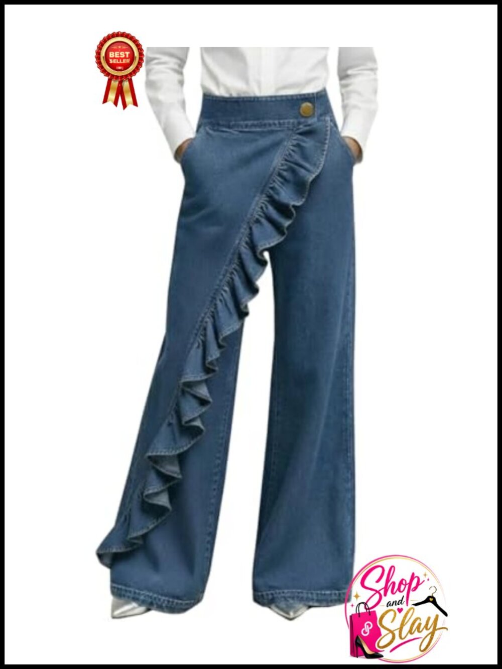 High Waisted Wide Leg Jeans Ruffle Wrap Waist Denim Pants